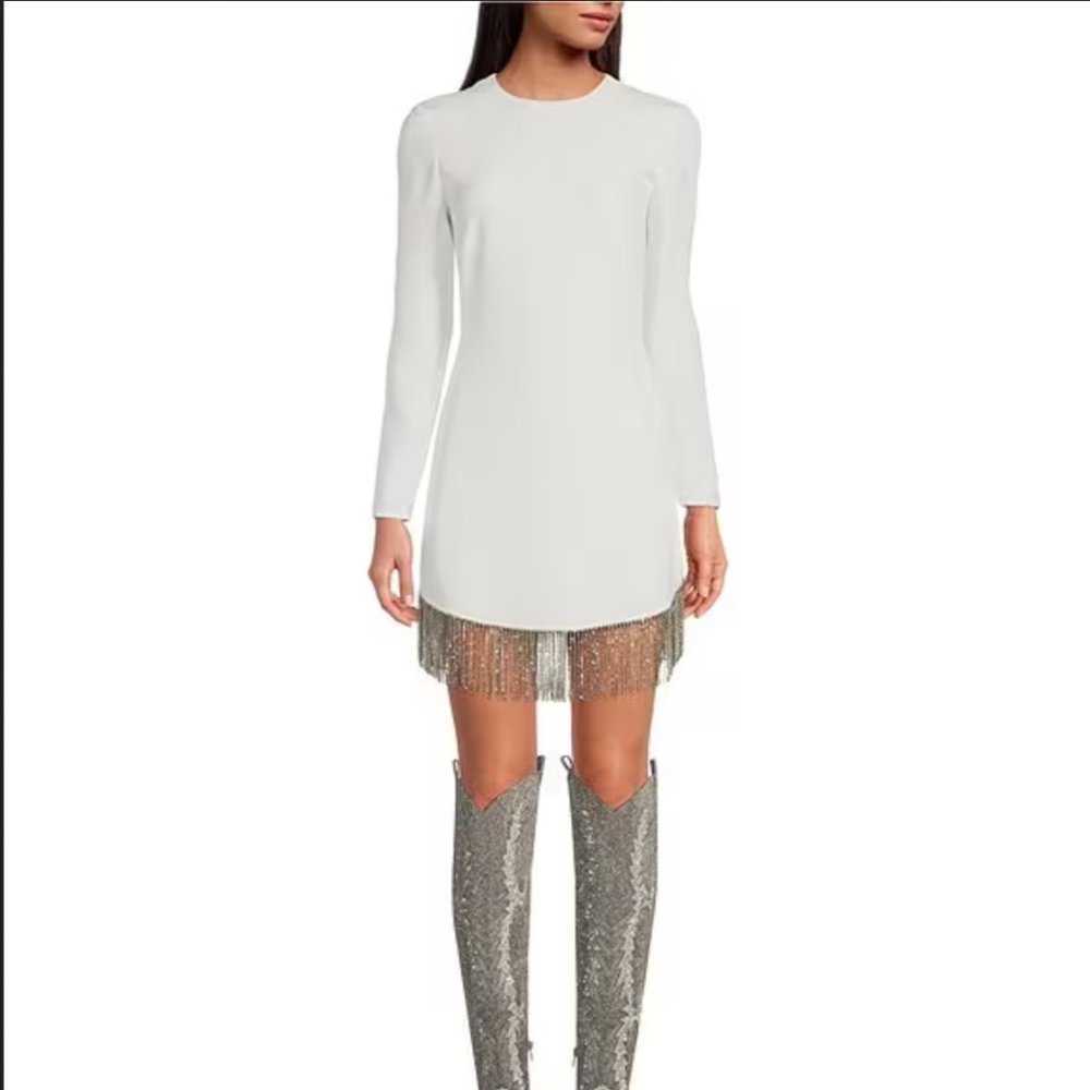 NWT Gianni Bini White Rhinestone Fringe Crew Neck Long Sleeve Crepe Dress Sz 12